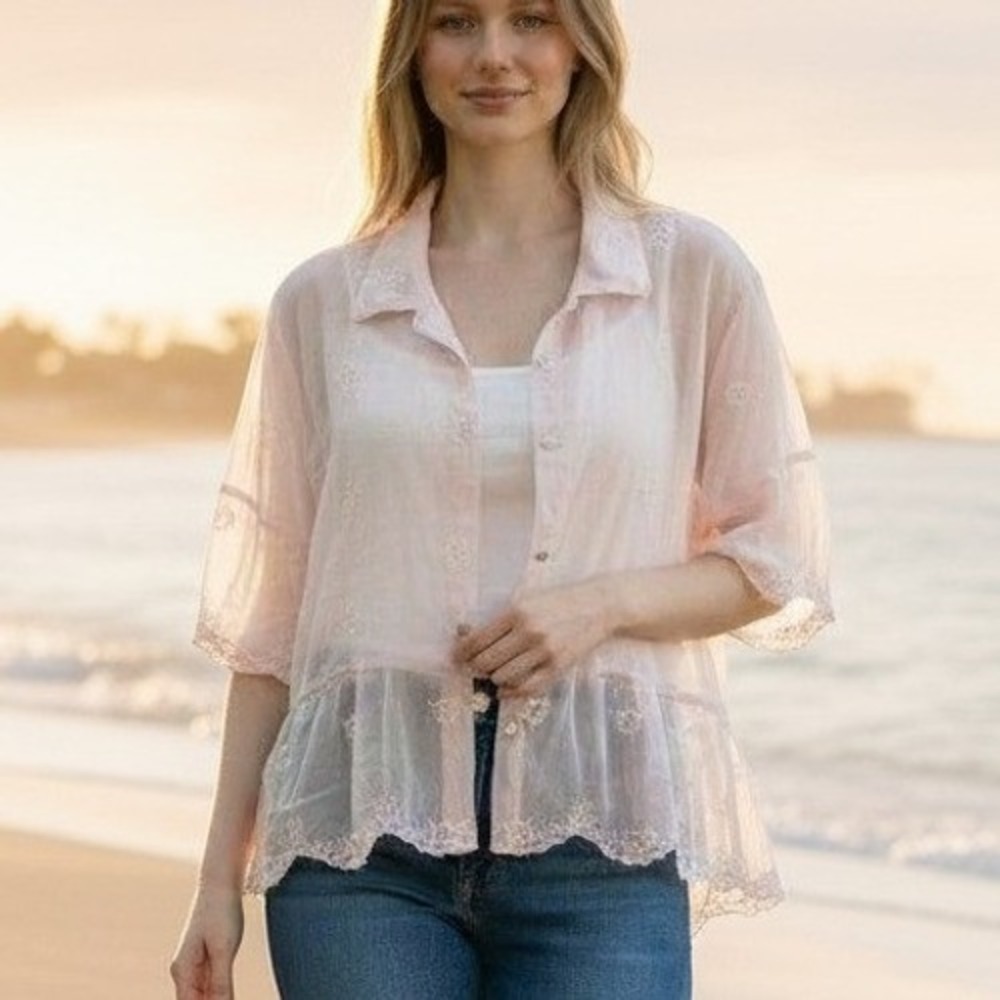 Sagaie Button Down Top Womens L Pink Embroidered Lace Hem 90s Vintage Boho Fairy